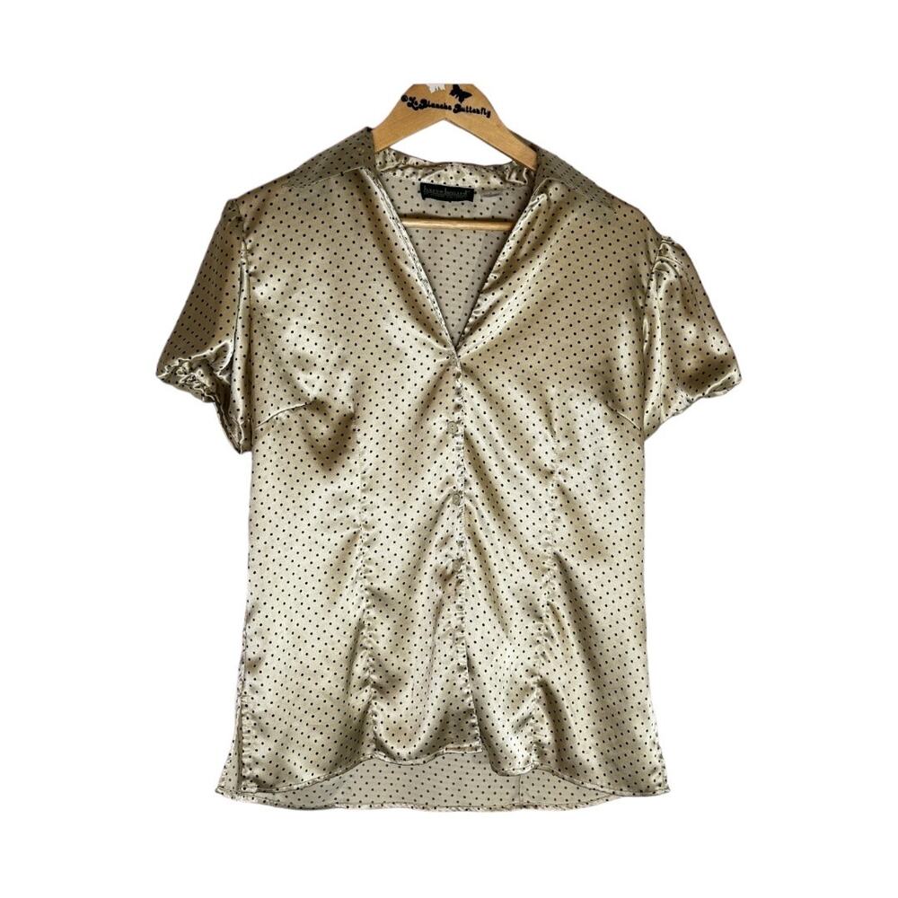 Vintage Women's Herve Benard Satin Cream Button down Polka dot blouse top L